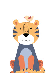 Cute tiger and little bird. Poster for baby room. Childish print for nursery. Design can be used for fashion t-shirt, greeting card, baby shower. Vector illustration.