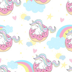 Seamless pattern with unicorn and donuts. Wrapping paper or fabric. Texture for menu, booklet, banner, website. Vector illustration. Cute summer print