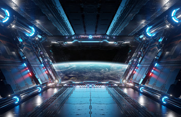 Blue and red futuristic spaceship interior with window view on planet Earth 3d rendering © sdecoret