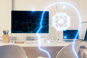 Double exposure of work space with computer and human brain drawing hologram. Brainstorm concept.