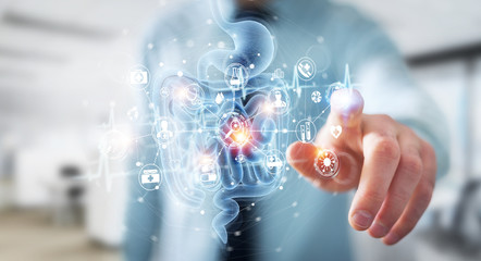 Man using digital x-ray of human intestine holographic scan projection 3D rendering
