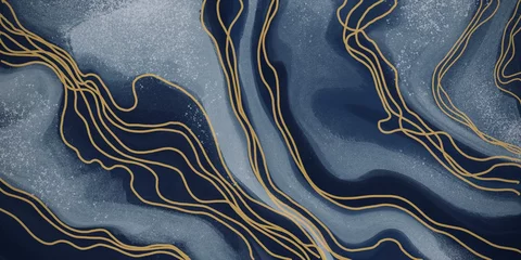 Abstrakte Kunstfarbe Marineblau mit goldenen geschwungenen Linien für Hintergründe, Banner im Konzept Luxus. © korkeng