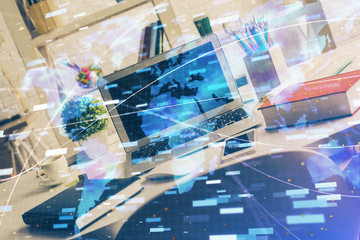 Multi exposure of desktop with personal computer and tech theme drawing. Concept of Bigdata.