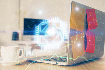 Multi exposure of desktop computer and technology theme hologram. Concept of software development.