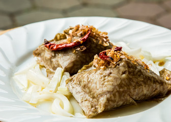 Rice mixed with blood and minced pork or Khao Gan Jin , Thai northern food