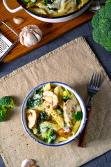 Real pasta with mushrooms, spinach and broccoli