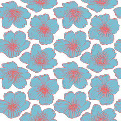 Fototapeta na wymiar Sakura flowers, vector seamless pattern. Hand drawn floral background in retro pastel colores.