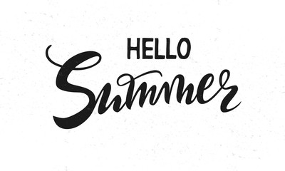 vector handwritten lettering hello Summer with texture.. Black isolated inscriptions on white background for banner, sticker, label, card, clothes.