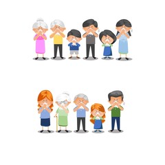 Fototapeta premium Cold and flu season vector cartoon illustration. Sick family and ill people character isolated on background.