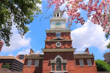 Philadelphia Independence Hall. Cherry blossoms spring time flowers.