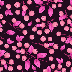 Vector seamless pattern with pink berries; berry twigs on dark background; berry design for fabric, wallpaper, wrapping paper, textile, web design.