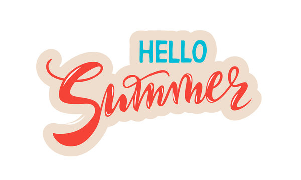 vector handwritten lettering hello Summer with texture. Red coral and cyan inscriptions with beige contour isolated on white background for banner, sticker, label, card, clothes.