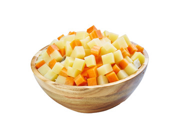 potato, pepper,  peas, carrot in bowl cutted