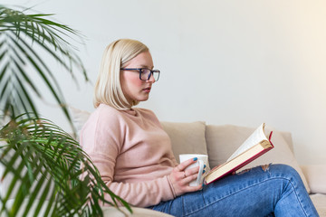 Young beautiful woman lying on sofa and reading book at home. Excellent book. Beautiful young woman reading a book at the sunny morning.