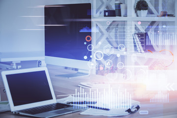 Multi exposure of computer on background and technology theme drawing. Concept of innovation.