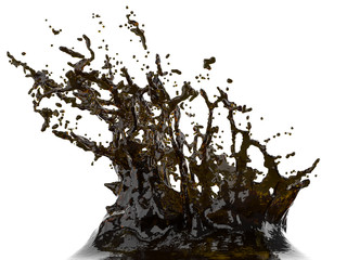 closeup of a splash of cola on a white background.