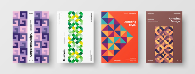 Business presentation vector A4 vertical orientation front page mock up set. Corporate report cover abstract geometric illustration design layout bundle. Company identity brochure template collection.