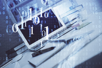 Fototapeta premium Technology theme drawing and work space with computer. Double exposure. Concept of innovation.