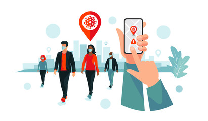 Smartphone health virus tracking location app with people wearing protection face mask to prevent coronavirus, disease, flu, air pollution. Old man young woman person walking. City illustration.