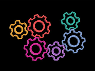Colorful 3D cogwheels, gear. Symbolizing interaction, collaboration and machinery.