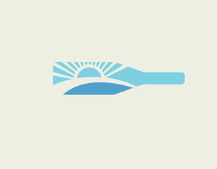 Creative logo icon blue color bottle in horizontal position and inside the image of the sun with rays and sea
