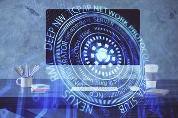 Technology theme drawing and table with computer. Double exposure. Concept of information.