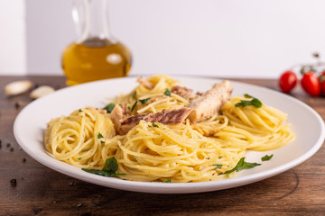  Seafood spaghetti with garlic and parsley. Healthy and nutritious Italian food. Blue fish, omega 3 recipe.
