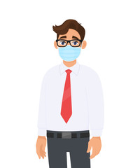Young business man covering face with medical mask. Trendy person wearing facial hygienic surgical mask. Environmental awareness & virus protection. Male cartoon design illustration design in vector.