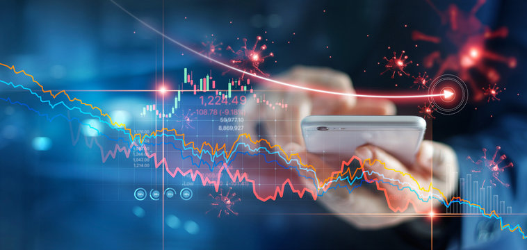 Economic Crisis, Businessman Using Mobile Smartphone Analyzing Sales Data And Economic Graph Chart That Is Falling Due To The Corona Virus Crisis, Covid-19, Stock Market Crash Caused.