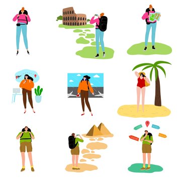 Women and men travelling around world with backpacks vector illustration