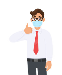 Young businessman wearing face medical mask and showing thumbs up sign. Trendy person covering surgical mask and gesturing okay, OK, success symbol. Male cartoon design illustration in vector style.