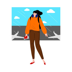 Fototapeta premium Young woman travelling with backpack by plane vector illustration