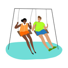 Girl and boy friends riding on swing and smiling vector illustration