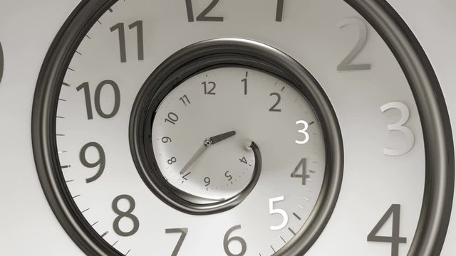 Camera Zoom in Classic Round Clock with infinity time. Round Clock Time running backwards. 3D Rendering Clock Spinning Back  isolated from the white background.