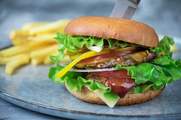 freshly cooked burger with sauce and french fries on gray plate, no people
