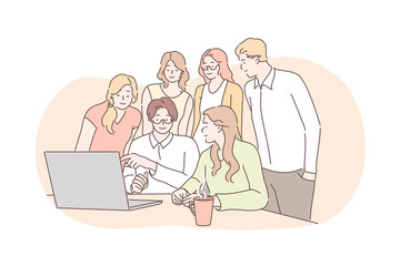 Meeting, coworking, teamwork, analysis, leadership business concept. Team of business people businessmen women partners collaborate together. Office meeting. Coworking statistic planning, training.