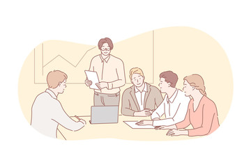 Business meeting, presentation, training, teamwork concept. Group team of business people at office meeting together. Business training presentation, profit growth demonstration. Coworking cooperation