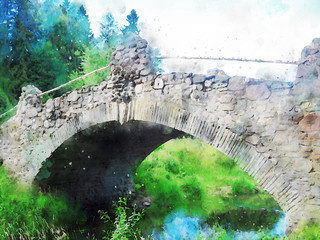 watercolor style and abstract illustration of river, old stone bridge and forest