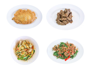 Thai food set, Fried pork liver with garlic pepper,  Stir-Fried Clams with Roasted Chili paste, Stir-fried beef with tree basil and.Omelette