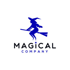 beauty witch logo icon vector with broom stick flying 