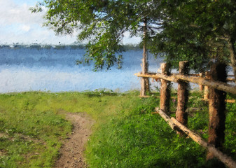 Oil painting style and abstract illustration of river and forest