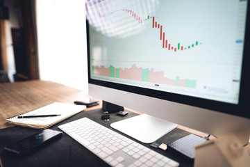 Office desk and computer Working at home Computer and stock market