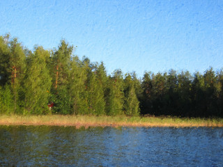 Fototapeta premium Oil painting style and abstract illustration of river and forest