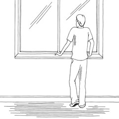 Man stay at home looking out the window graphic black white sketch illustration vector