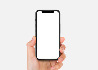Fototapeta na wymiar hand holding smart phone with blank screen isolated on white