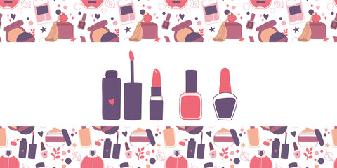 Vector hand drawn card template with makeup set: cream, lipstick, mascara, nail polish, perfume, lotion, lipstick, eye shadows, brush, powder. Doodle cosmetics background for beauty store