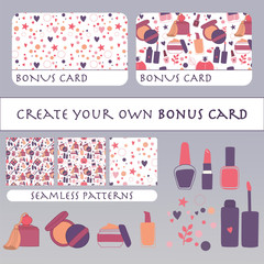 Makeup bonus card. Vector DIY template with makeup patterns and isolated objects: cream, lipstick, mascara, nail polish, perfume, lotion, lipstick, eye shadows, brush, powder. Doodle design.