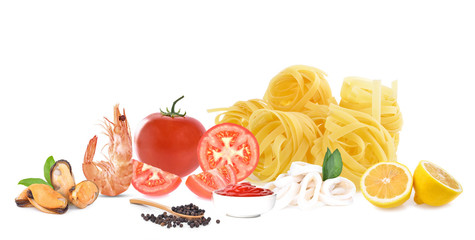 tomato seafood pasta on a white background