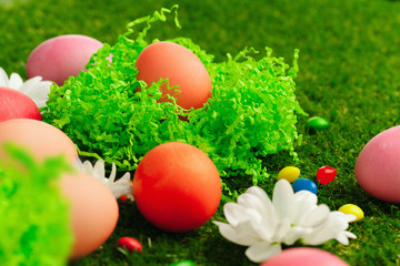 Fototapeta na wymiar Close up photo of colored Easter eggs and candies on grass
