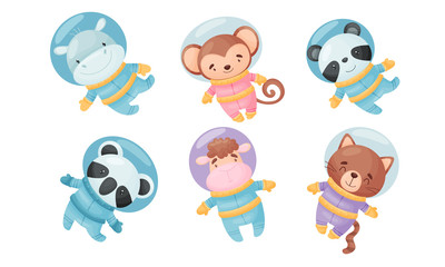 Funny Animals Wearing Astronaut Costumes or Spacesuit in Floating Pose Vector Set